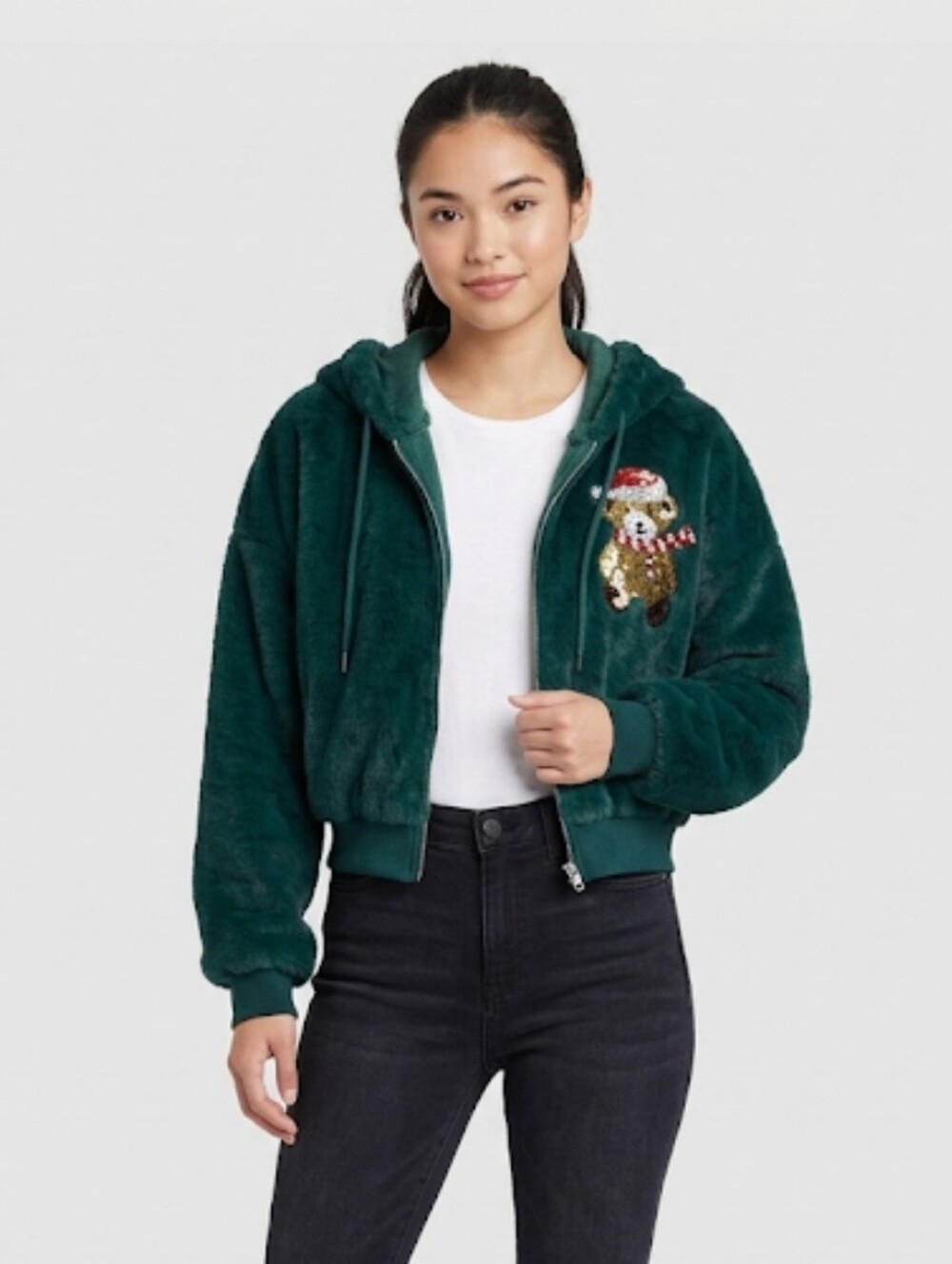 No Boundaries Faux Fur Dark Green Zip-Up Hoodie Sequin Christmas Bear Sz Small